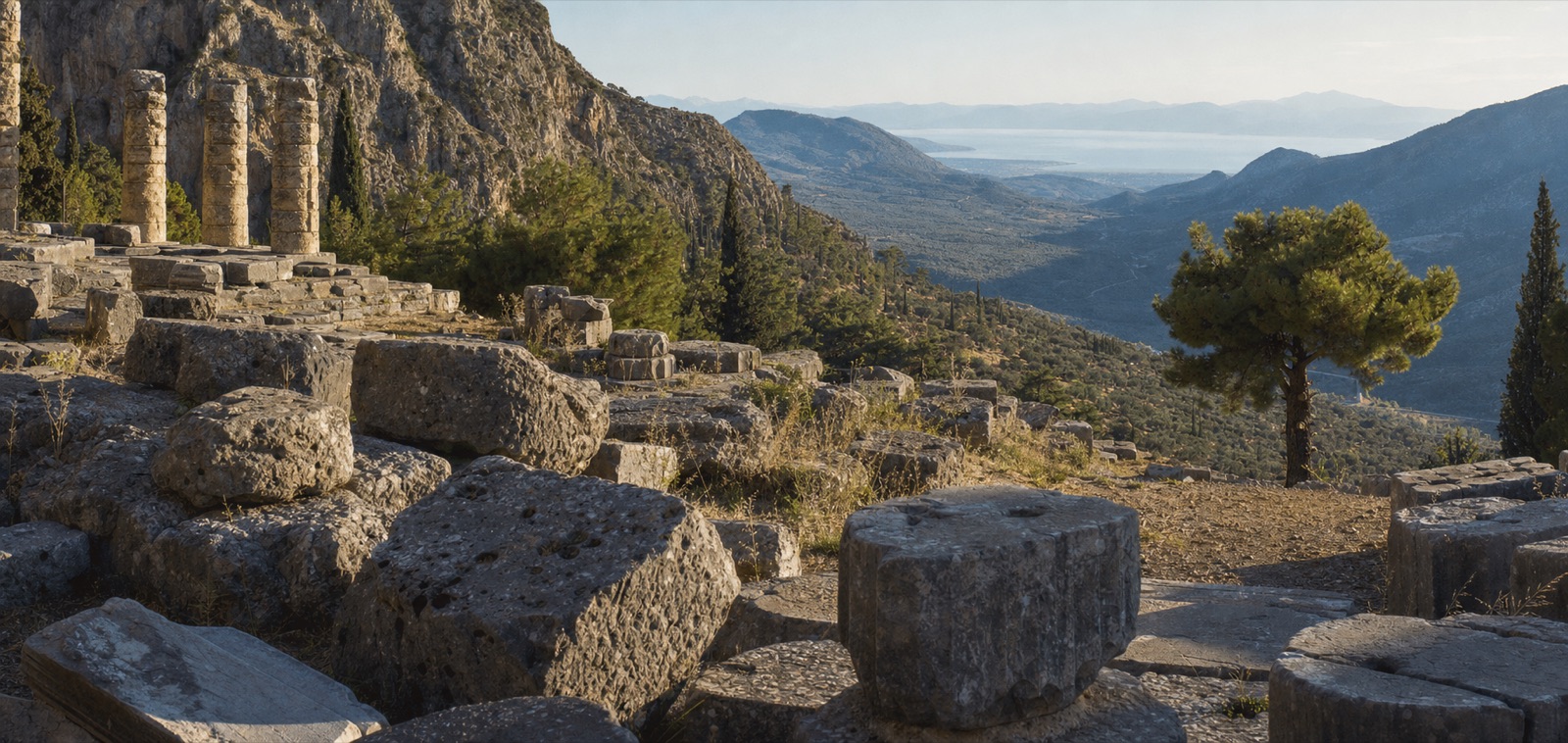 The ruins of Delphi with the Corinthian Gulf in the distance